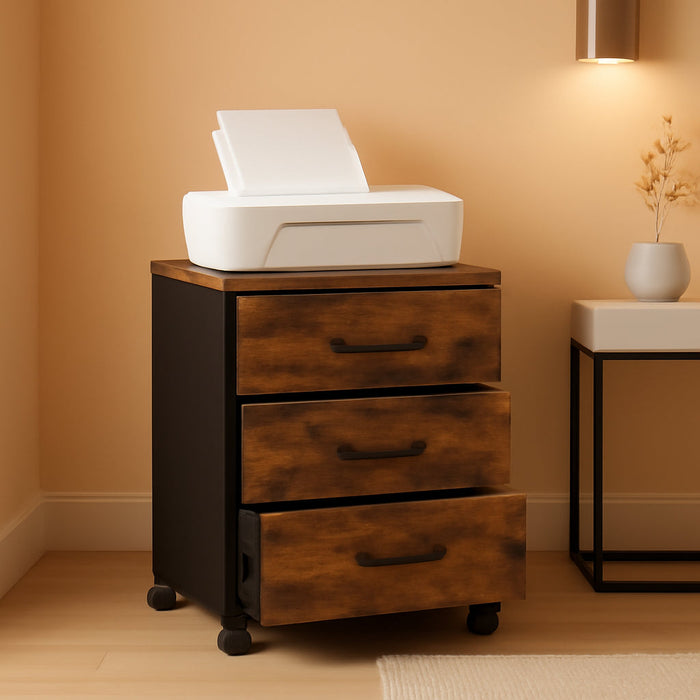 File Cabinet, 3 Drawers Filing Cabinet for Home Office, with Wheels, for A4, Letter Sized Documents, Hanging File Folders, Rustic Brown and Ink Black UOFC065B01