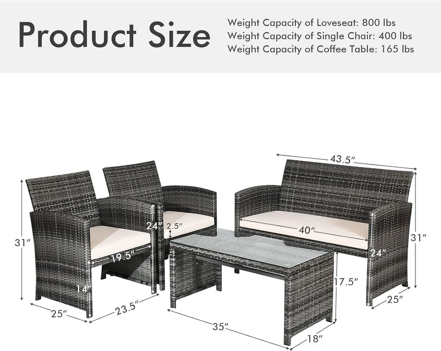 4-Piece Rattan Patio Furniture Set, Outdoor Wicker Conversation Sofa with Weather Resistant Cushions and Tempered Glass Tabletop for Lawn Backyard Pool Garden (Beige)