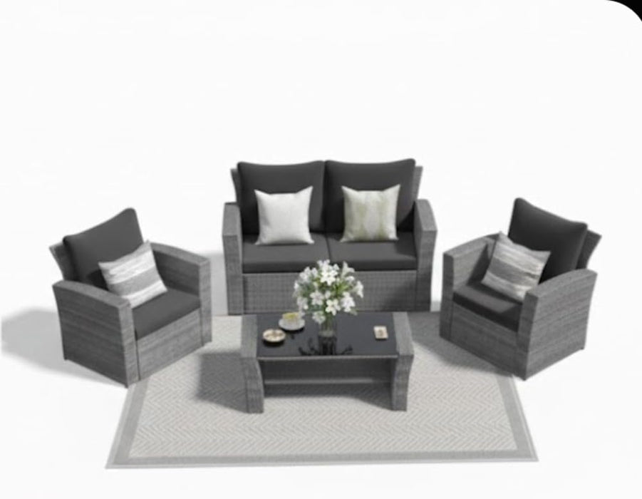 Wicker Patio Conversation Set with Tempered Glass Table and Outdoor Cushions for Backyard Living