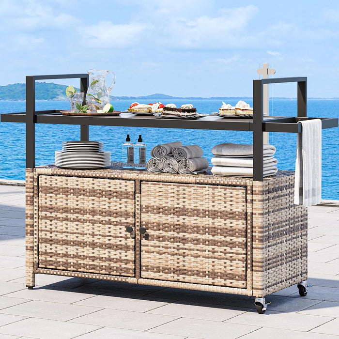 Large Outdoor Kitchen Wicker Island Rolling Cart & Patio Bar Table, W/Wheels and Black Glass Table Top Backyard and Poolside Light Brown