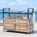 Large Outdoor Kitchen Wicker Island Rolling Cart & Patio Bar Table, W/Wheels and Black Glass Table Top Backyard and Poolside Light Brown