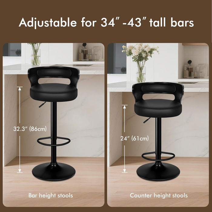 Bar Stools Set of 2, Adjustable Swivel Bar Chairs with Faux Leather Upholstery, Counter Height and Wooden Backrest for Kitchen Islands, Black