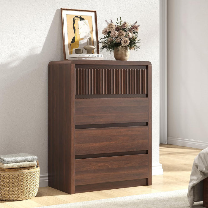 Fluted 4 Drawer Dresser for Bedroom, 40” Tall Modern Dresser & Chest of Drawers with Curved Profile Design, Wood Mid Century Dressers for Bedroom, Living Room, Walnut