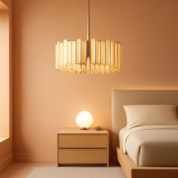 Gold Drum Chandelier 4-Light, Modern Drum Pendant Lighting Fixture with Tiffany Glass Shade, 16” round Ceiling Hanging Light for Bedroom Dining Room Kitchen Entryway Living Room (Gold)