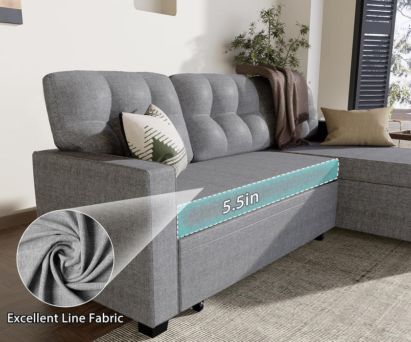 Reversible Sectional Sofa Couch, Sleeper Sofa Bed with Storage Chaise Pull Out Couch for Living Room | Hidden Stroge | Pull Out Bed | Removable Backrest | Linen Fabric, Light Grey