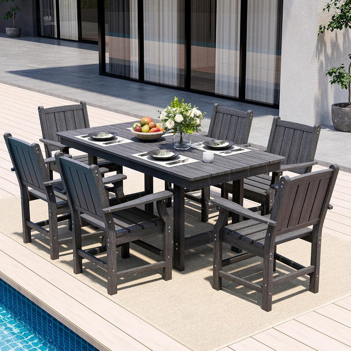 Wood Grain 7-Piece Outdoor Dining Set, Spacious HDPE Outdoor Furniture, Durable Patio Table and Chairs Set with Armrests and Umbrella Hole, Gray