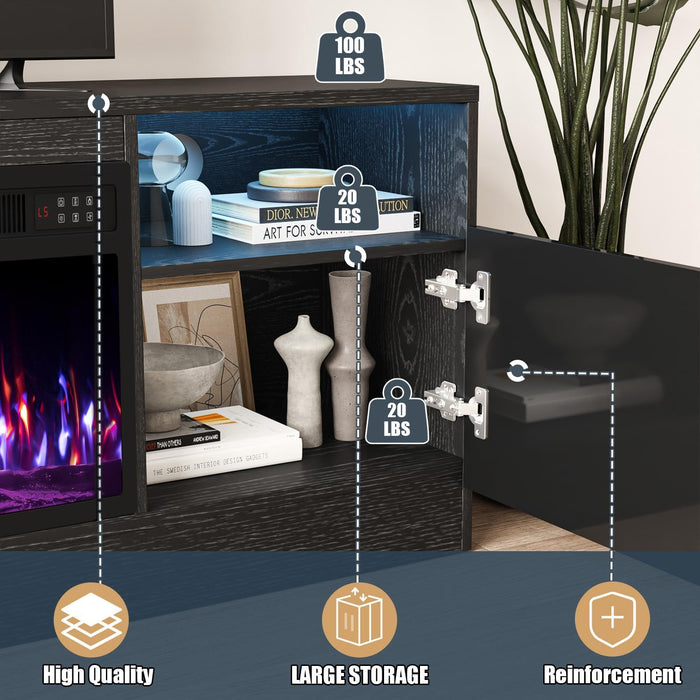 Fireplace with TV Stand 36" Inch Electric Fireplace up to 80" Tvs, LED Light Entertainment Center, 70" Modern Wood High Gloss with Highlight Storage Cabinet for Living Room (Black)