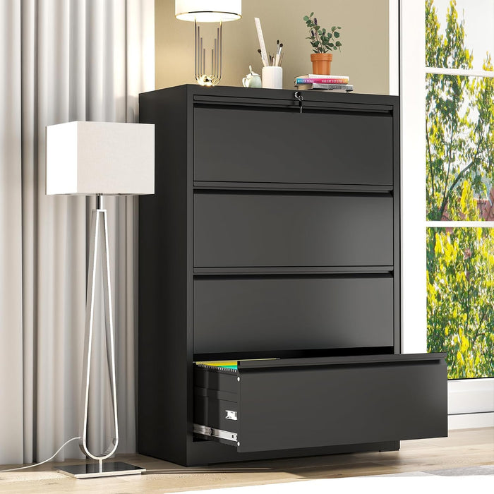 4 Drawer File Cabinets with Lock,Metal Lateral File Cabinets for Home Office,Steel Wide Filing Organization Storage Cabinets for Hanging Files Letter/Legal/F4/A4 Size Assembly Required(Black)