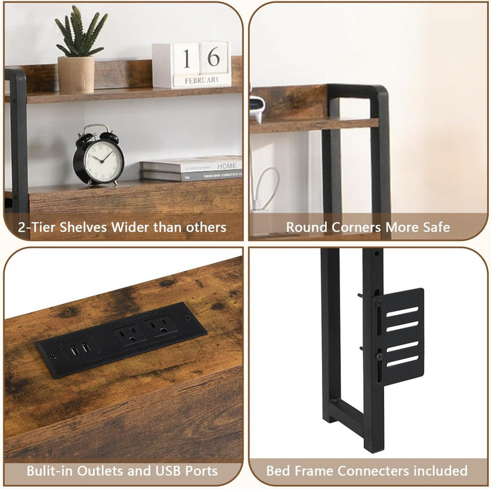 Headboard Queen Size with Storage, 2-Tier Headboard with Shelf, LED Light & Charging Station & USB Port, Sturdy and Easy Assembly, Rustic Brown (Queen)