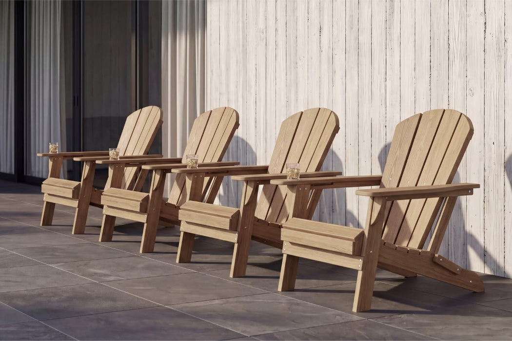 Folding Adirondack Chairs Set of 6 with Cup Holders, Heavy Duty HDPE Plastic Outdoor Chairs, Weather Resistant Heavyweight Patio Furniture Set for Deck, Fire Pit, Backyard, Brown