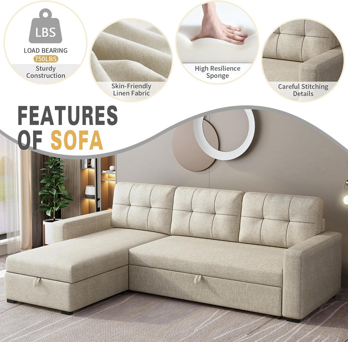 Sectional Sofa Bed Beige, L-Shaped, with Storage