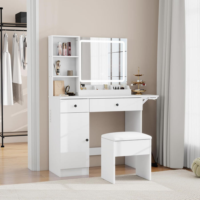 Vanity Desk Set with Mirror and LED Lights, Makeup Table with 2 Drawers & 1 Cabinet, Power Outlet, Storage Cushioned Stool, Dressing Table for Bedroom (White)