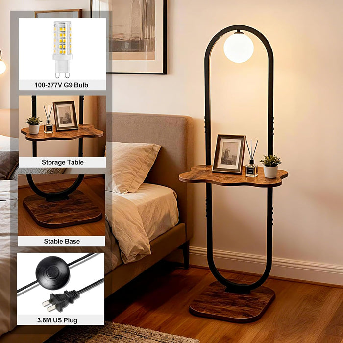 47-Inch Arch Floor Lamp, Modern Standing Lamp with Table, Black Metal Frame with Globe Shade, Living Room Bedroom Lighting, G9 LED Bulb Included for Sofa Beside/Corner Decor