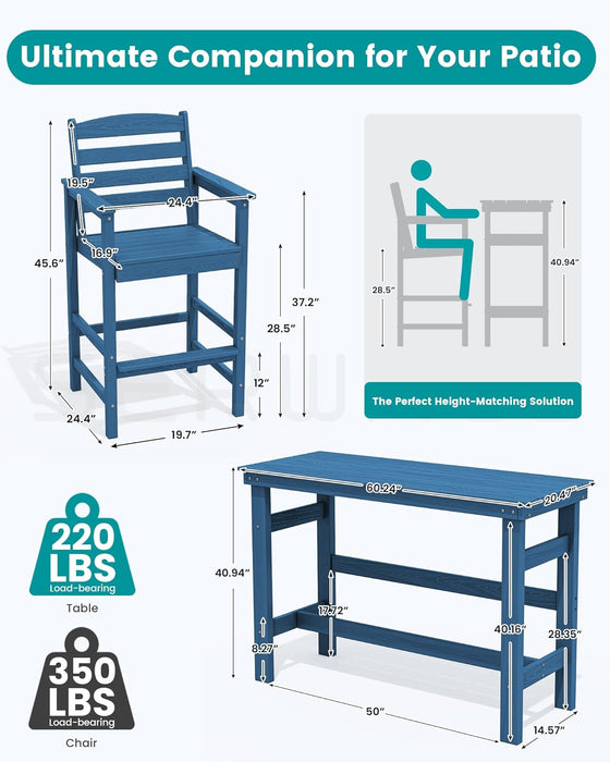 Outdoor Bar Table and Chairs Set, Adirondack Bar Chairs Set of 2 and Bar Height Table, All Weather HDPE Outdoor Patio Bar Set, Outdoor Furniture for Outside, Poolside, Backyard, Garden, Blue