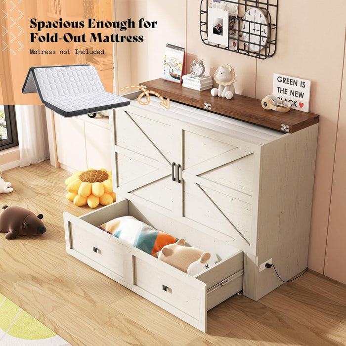 Full Murphy Bed with Storage & Charging Station, Farmhouse Murphy Cabinet with Foldable Panel, Noisy Free, for Guest Bedroom, Living Room, Office, Distressed White
