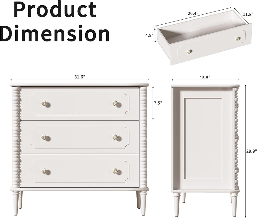 3 Drawer Dresser for Bedroom, 32" Wide Chest of Drawers, White