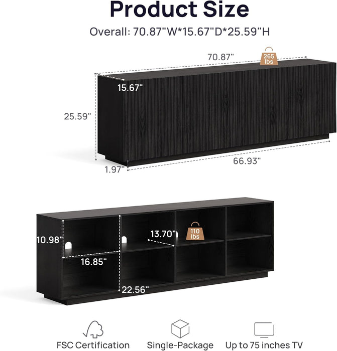 70" Fluted Mid Century Modern Sideboard Buffet Cabinet with Storage, Black