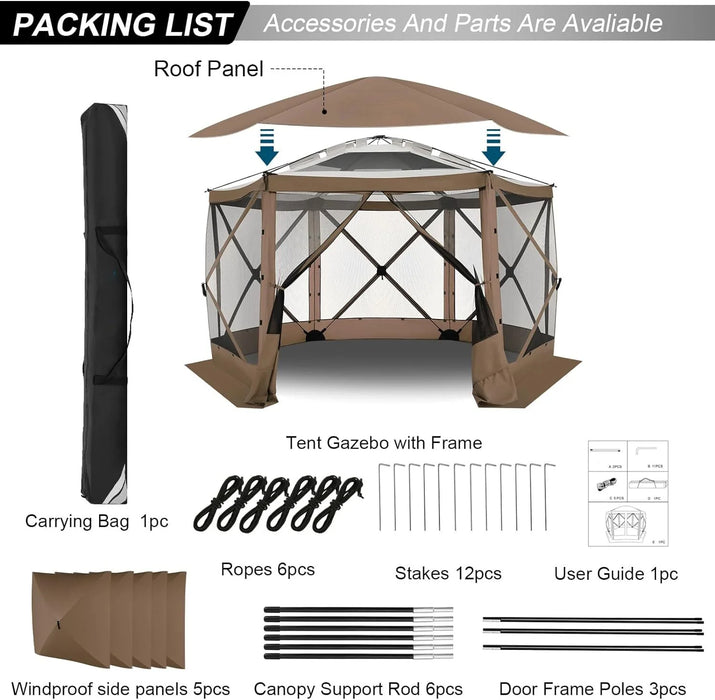 Pop up Gazebo Screen Tent Screen House for Camping,12X12 Starry Sky Gazebo with Removable Roof, Outdoor Screened Gazebo with Sidewalls, Portable Hub Tent with Carry Bag and Ground Stakes,Brown