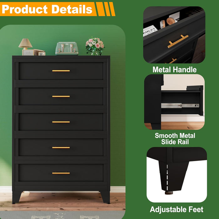 Metal Dresser Black Tall Dresser for Bedroom, 53.54" H 5 Drawers Dresser, Closet Dressers & Chests of Drawers for Hallway