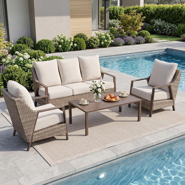4 Piece Outdoor Patio Furniture Set, All Weather Wicker Conversation Set with 6" Thick Cushions, High Back Deep Seating Sofa & Armchairs, Outdoor Couch Set with Coffee Table for Backyard, Balcony