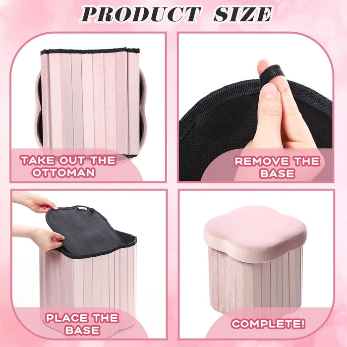 2 Pcs Storage Ottoman Flower Shaped Foot Stools Foldable Velvet Storage Box Footrest Small Ottoman Seat with Folding Vanity Stool for Dorm Home 12. 6 X 12. 6 X 12. 6 Inch(Pink)