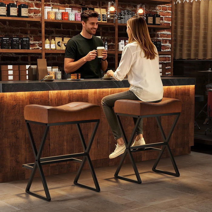 Counter Height Bar Stools Set of 2, Backless 26" Saddle Barstools, Brown