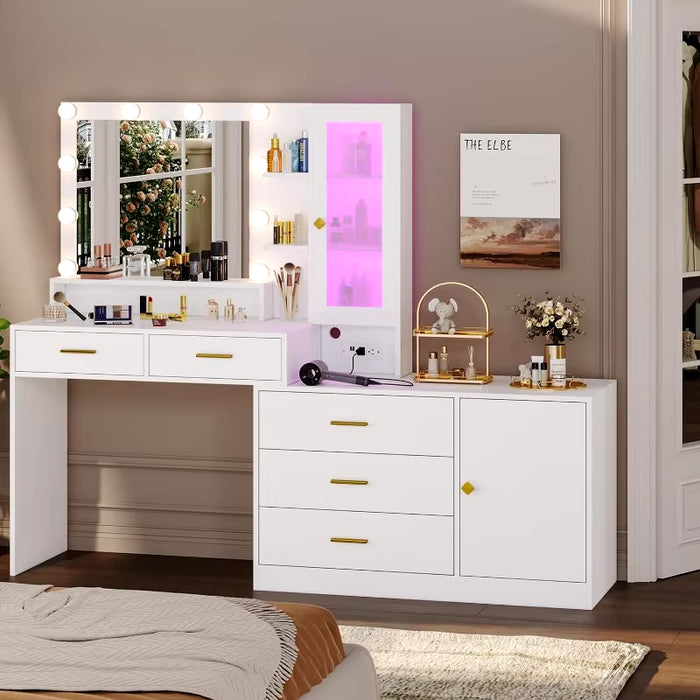 Makeup Vanity with Lights Vanity Desk with Mirror, Large Vanity Table Set with Drawer Dresser, Charging Station & RGB Cabinets