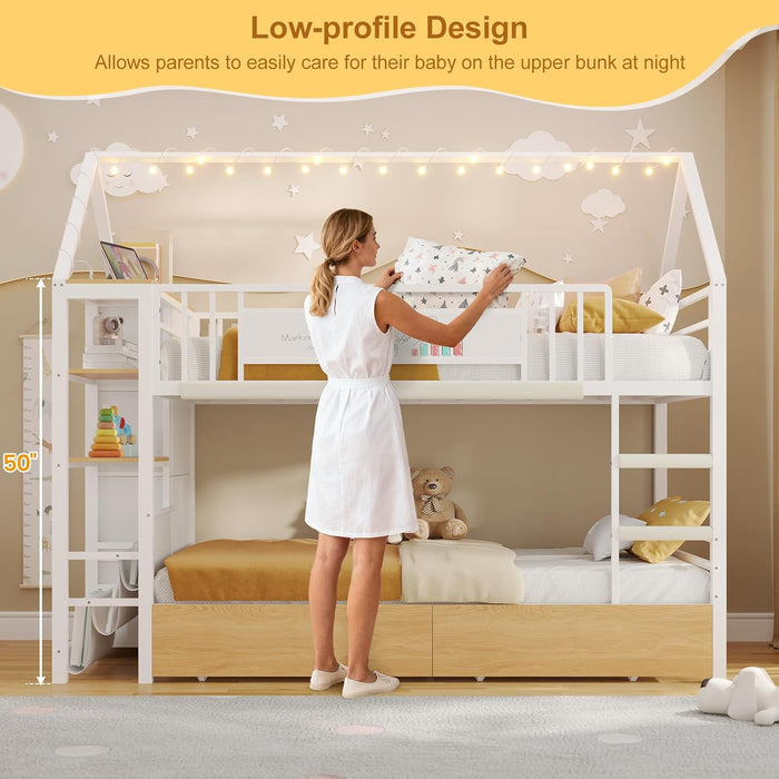 Bunk Bed Twin over Twin with Storage Drawers and Globe String Lights House Shaped Low Bunk Bed with Montessori Bookshelves Metal Bunk Beds for Kids with Ladder and Guardrail,Space Saving,White