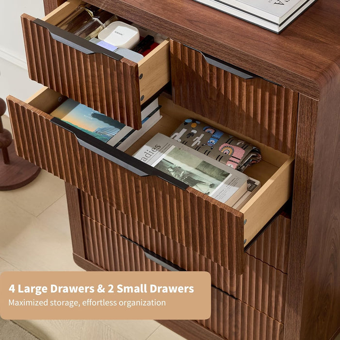 Walnut Dresser with 6 Drawers, 44.4" Tall Modern Chest of Drawers with Thickened Curved Profile Design, Wooden Dresser Organizer for Bedroom, Living Room, Hallway