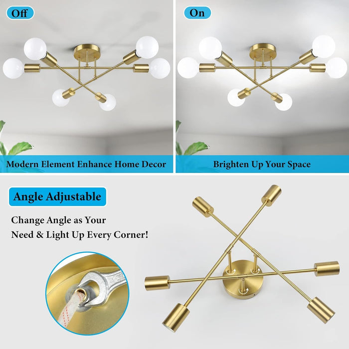 Modern Sputnik Chandelier 6-Light Industrial Ceiling Lights Fixture Gold Semi Flush Mount Ceiling Light Fixture with E26 Base Sputnik Lights Fixture for Dining Room Bedroom Foyer Hallway Living Room