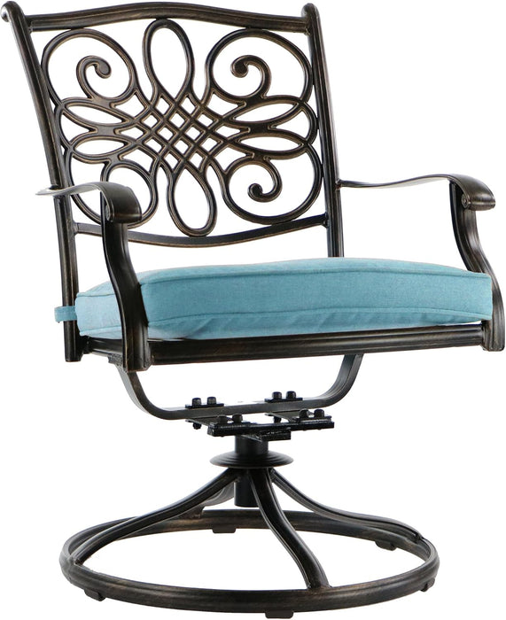 Traditions 5-Piece Rust Resistant Aluminum Patio Dining Set with Blue Cushions, Swivel Rockers and Aluminum round Dining Table, Outdoor Dining Set for 4