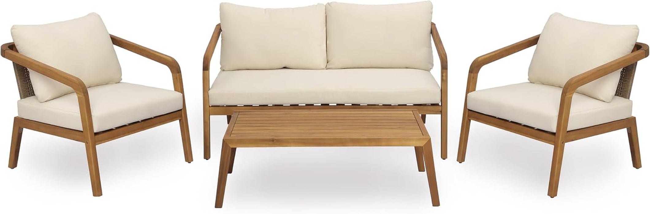 Kai 4 Piece Patio Furniture Set with Slatted Coffee Table, Outdoor Sofa Set with PE Wicker Backrest & Cushions, Acacia Wood Conversation Set for Backyard,Cream+Light Brown+Teak