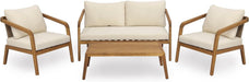 Kai 4 Piece Patio Furniture Set with Slatted Coffee Table, Outdoor Sofa Set with PE Wicker Backrest & Cushions, Acacia Wood Conversation Set for Backyard,Cream+Light Brown+Teak