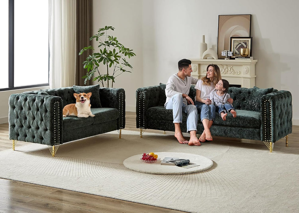 2 Pieces Chenille Living Room Furniture Sofa Couch Set,Button Tufted Comfy Couch with Nailhead Trim&Metal Legs,Mid Century Modern Couch and Loveseat Sets for Living Room(Loveseat+3 Seater Sofa,Green)