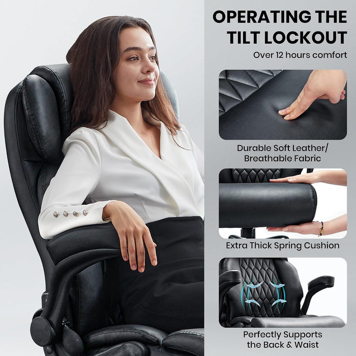 500Lbs Big and Tall Office Chair Adjustable Lumbar Support for Back Pain, Extra Wide Seat Executive Office Chair Thick Armrest Pad, Heavy Duty Base&Upgraded Wheels, Ergonomic Desk Chair