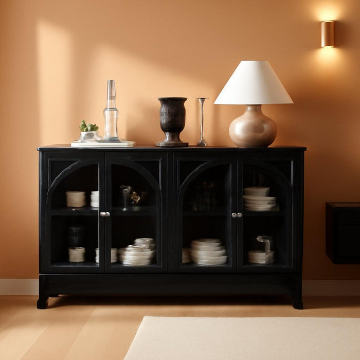 Solid Wood Buffet Cabinet for Dining Room, 55" Farmhouse Kitchen Sideboard with 4 Storage Doors, Multi-Functional Storage for Kitchen & Dining Room (1, Black)