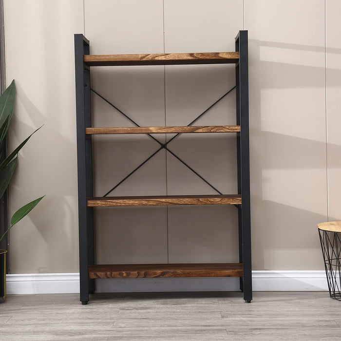 Solid Wood Bookshelf,4 Tier Rustic Vintage Industrial Etagere Bookcase, Open Metal and Wood Vintage Book Shelf, Retro Brown (Realwood)(4-Tier)