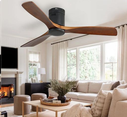 52 Inch Solid Wood Ceiling Fan without Lights Flush Mount Ceiling Fan with Remote Control-Wood Blades Modern Outdoor Ceiling Fans No Light for Bedroom/Farmhouse/Patio/Indoor, Brown Black