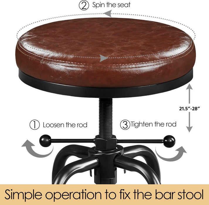 Industrial Bar Stool Vintage Counter Height Stool with round Faux Leather Seat Metal Stool Adjustable Kitchen Stool 21.5-28 Inch Tall Brown, 1PCS