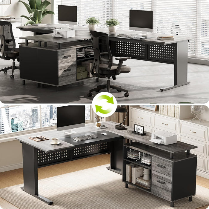Large Computer Desk with File Cabinet, 63 Inch Executive Desk L Shaped Office Desk with Drawers and Storage Shelves, Business Furniture Desk Workstation for Home Office