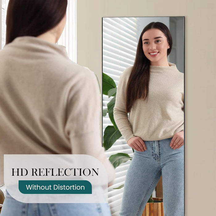 Full Length Mirror 64"X 21" for Bedroom, Full Body Mirror with Stand, Hanging or Leaning for Wall, Aluminum Alloy Thin Frame Floor Standing for Living Room, Long, Black