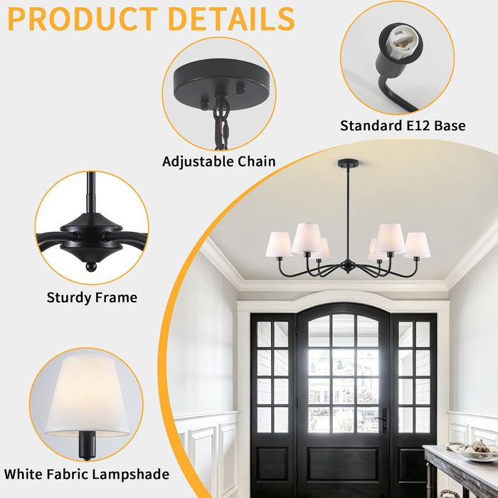 35.82In Black Modern Farmhouse Chandelier with Shades, 6-Light Large Chandelier for Living Room, Dining Room Pendant Light Fixture, Adjustable Traditional Chandelier for Kitchen Bedroom Entryway Foyer