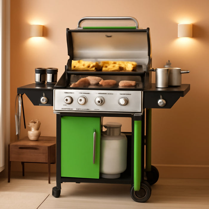 4-Burner Propane Gas BBQ Grill with Side Burner, 50,000 BTU Output Barbecue Grill with Stainless Steel Grates and Side Tables for Outdoor Cooking Kitchen, Patio and Backyard, Green