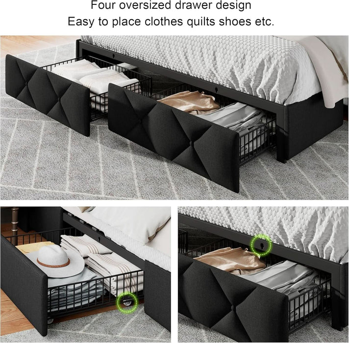 Full Size Bed Frame with 4 Storage Drawers, Upholstered Platform Bed with Charging Station, Wingback Storage Headboard, Wooden Slats Support, No Box Spring Needed, Easy-Assembly, Black