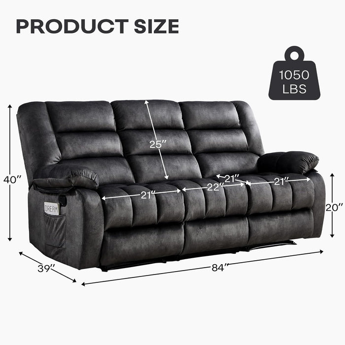 Reclining Couch for Living Room, 3 Seat Manual Recliner Sofa with Overstuffed Arms and Cup Holders,Flip Middle Backrest Design Sofa for Living Room, Bedroom, Grey