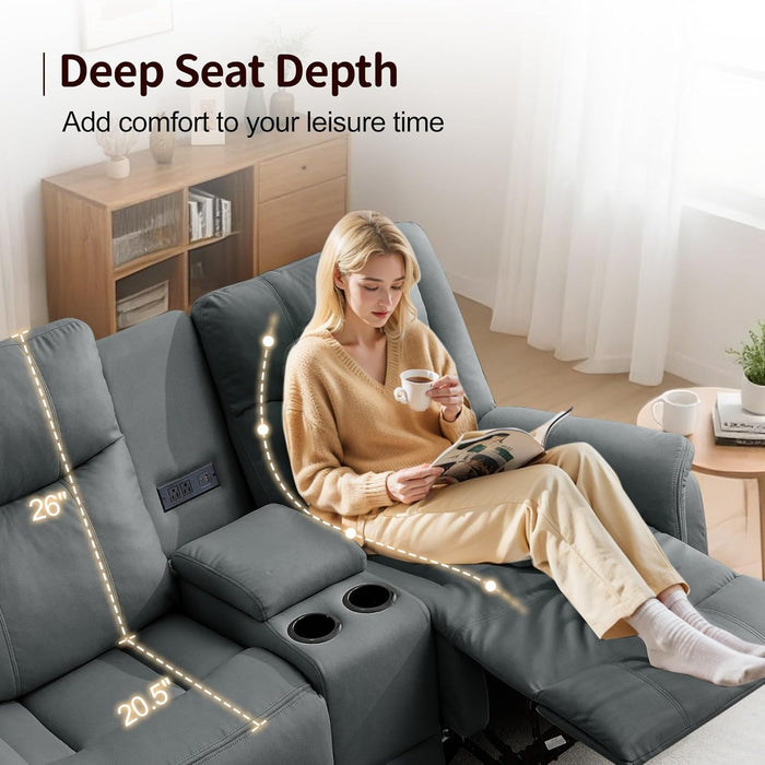 Loveseat Recliner Sofa, Reclining Loveseat Couch with Manual Pull Tab, Reclining Couch with Console, USB Port, US Outlets, and Cup Holders, 2-Seater Performance Fabric Sofa for Living Room, Rvs