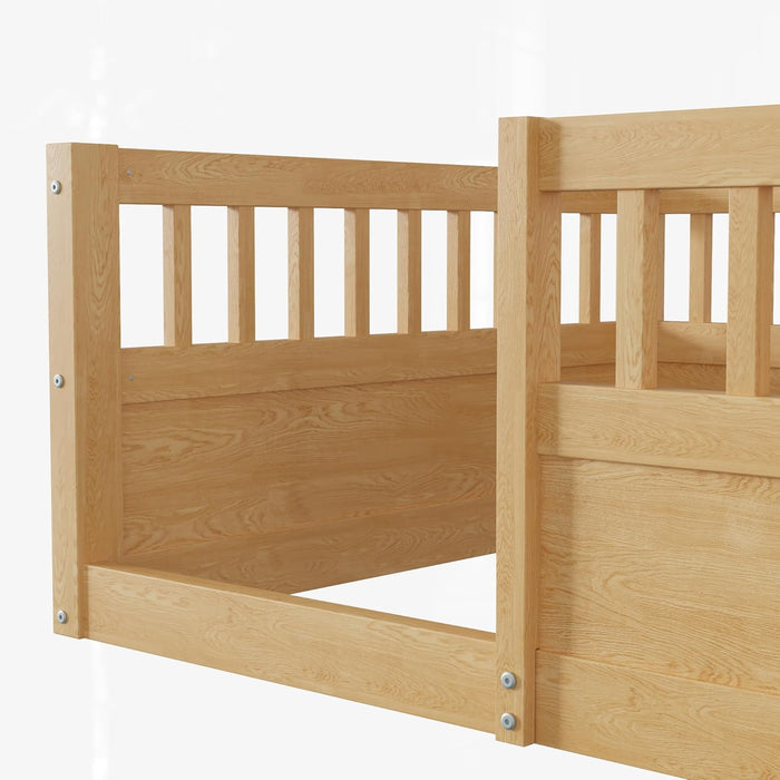 Floor Bed for Kids, Twin Size Montessori Bed with High Fence Railings, Wood Playhouse Bed with Rails for Baby Boys Girls Teens, No Slats Included, Natural