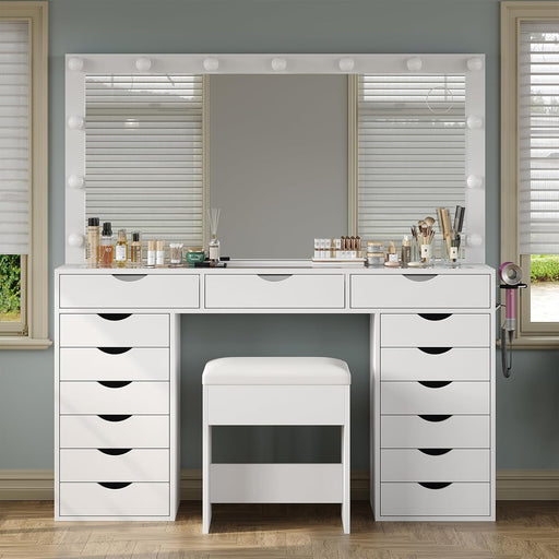 White Vanity Desk With Illuminated Mirror Lighting