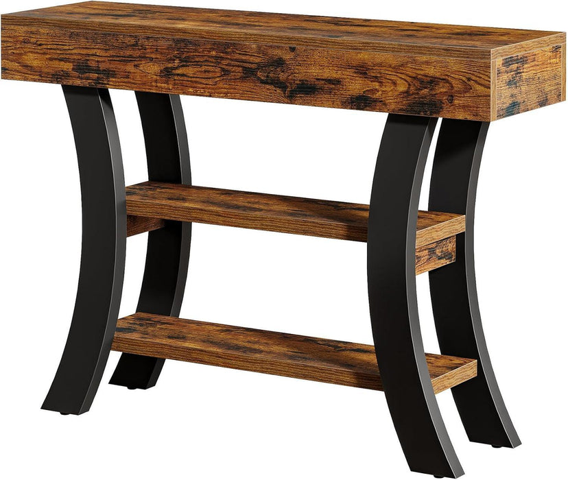 41" Small Console Table for Entryway, 3-Tier Narrow Rustic Sofa Table with Storage Shelves and Curved Frame for Living Room, Entry, Hallway, Foyer, Rustic Brown