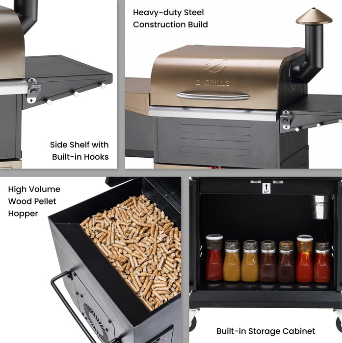 Wood Pellet Grill Smoker with PID Controller, 8-In-1 Master Sear BBQ Grill, Auto Temperature Control, Huge Storage Cabinet Side Shelf with Tool Hooks, 572 Sq in Cooking Area for Outdoor, 600D
